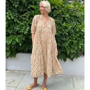Matta Katia Diu Yellow Floral Midi Long Prairie Cottage Dress Cotton Medium
